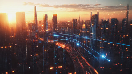 Fototapeta premium Smart Innovation city with connection cyber security network reciprocity over the sunset cityscape future wireless digital city and social media networking systems that connects people in the city