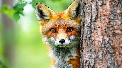 A close-up of a red fox peeking from behind a tree in a lush green environment.