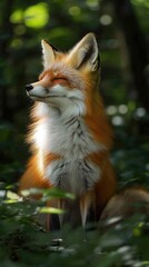 A serene red fox sits gracefully in a lush, green forest, showcasing its vibrant fur.