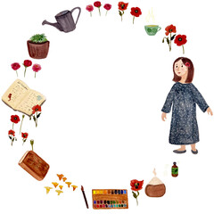 A girl favorite things: a book, essential oil diffuser, tea, plants, flowers and a diary round frame. Isolated on white. Watercolor sketch illustrations great for tote bag, poster, card, notebook