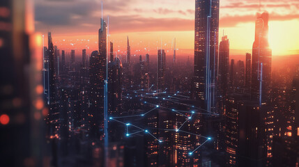 Fototapeta premium Smart Innovation city with connection cyber security network reciprocity over the sunset cityscape future wireless digital city and social media networking systems that connects people in the city