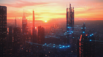 Fototapeta premium Smart Innovation city with connection cyber security network reciprocity over the sunset cityscape future wireless digital city and social media networking systems that connects people in the city