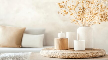 Serene modern rustic home decor with candles and dried flowers. Tranquil ambiance.