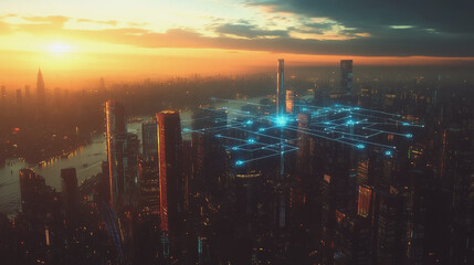 Fototapeta premium Smart Innovation city with connection cyber security network reciprocity over the sunset cityscape future wireless digital city and social media networking systems that connects people in the city