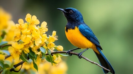 Fototapeta premium Blue and Yellow Bird Perched on a Branch of Yellow Flowers