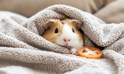 Cozy guinea pig under blanket, tomato slice nearby, indoor setting, pet comfort