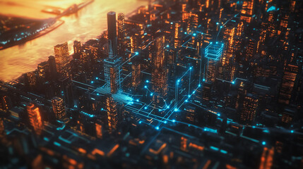 Smart digital Innovation city with connection network reciprocity over the cityscape. of future smart wireless digital city and social media networking systems that connects people with in city