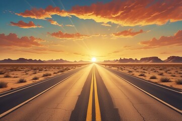 Fototapeta premium A vast, open highway stretching into the horizon under a golden sunset, surrounded by barren desert landscapes, with warm lighting and dramatic clouds,