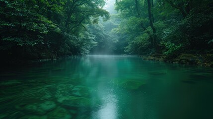 Serene, misty river flowing through lush green forest.  Calm water reflects surrounding trees.