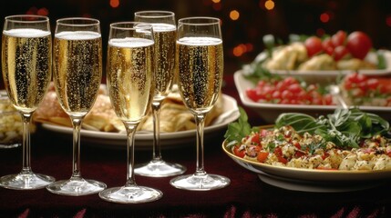 Festive table setting with champagne and delicious dishes.