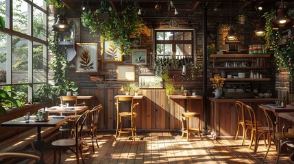 Fototapeta premium Charming Spring Cafe With a Blend of Rustic and Modern Interior Design