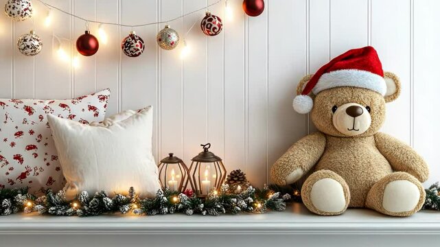 A cozy Christmas scene featuring a teddy bear and festive decorations.