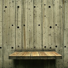 Rustic Wooden Shelf Against Concrete Wall Background