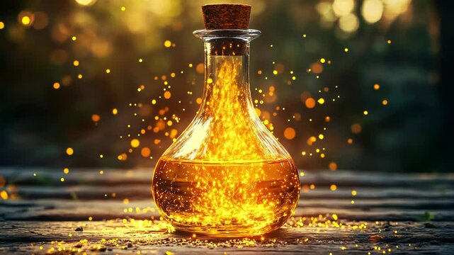 A glowing potion in a glass flask, radiating warmth and magic.