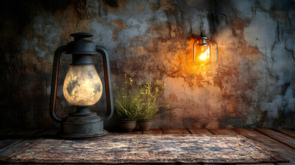 Vintage lanterns and plants in a rustic setting.