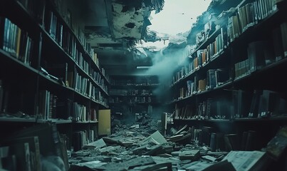 Fototapeta premium Destroyed library interior with collapsed ceiling and scattered books