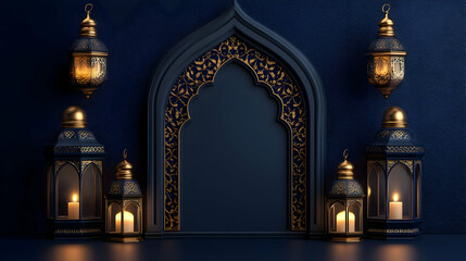 Obraz premium Ornate lanterns and archway against a dark backdrop.