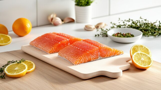 Preparing fresh salmon fillets with citrus garnish kitchen food photography bright environment close-up culinary delight