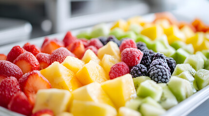 Colorful fruit platter with strawberries, mango, blackberries, and melons. vibrant display of fresh fruits perfect for gatherings