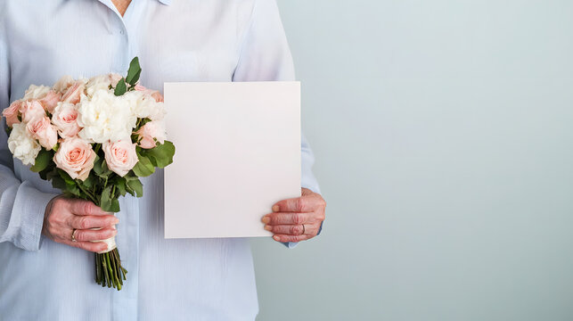 retiree holding bouquet of flowers and blank plaque, celebrating special moment - Powered by Adobe