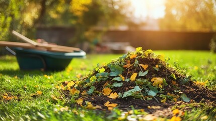 Pile of autumn leaves and soil in garden. Ideal for gardening, landscaping, or fall themes.