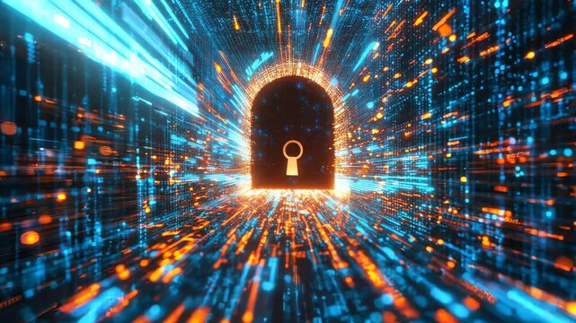 Digital Lock and Glowing Data Streams Fusion of Cybersecurity, Protection, and Innovative Technology for Enhanced Security and Data Integrity.