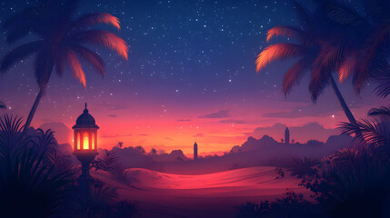 Serene sunset over a desert landscape with palm trees.