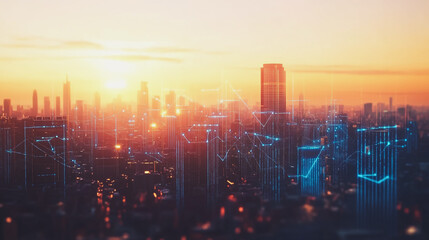 Fototapeta premium Smart Innovation city with connection cyber security network reciprocity over the sunset cityscape future wireless digital city and social media networking systems that connects people in the city