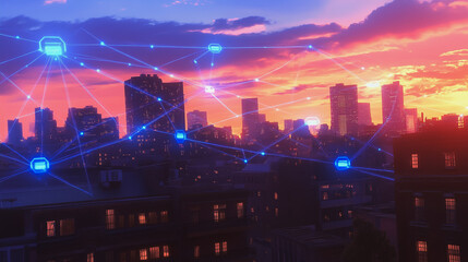 Smart Innovation city with connection cyber security network reciprocity over the sunset cityscape future wireless digital city and social media networking systems that connects people  in the city