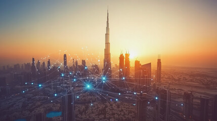 Naklejka premium Smart Innovation city with connection cyber security network reciprocity over the sunset cityscape future wireless digital city and social media networking systems that connects people in the city