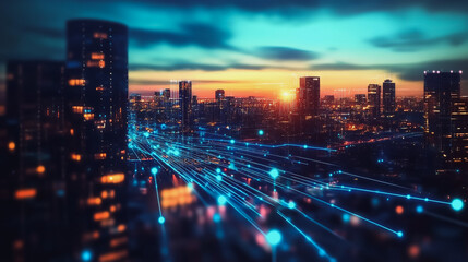 Smart Innovation city with connection cyber security network reciprocity over the sunset cityscape future wireless digital city and social media networking systems that connects people  in the city