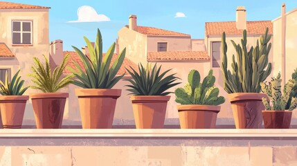 Urban Garden with Potted Plants Against Building Backdrop