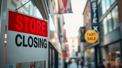 Store Closing Sign in Urban Shopping District with Blurred Background