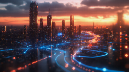 Smart Innovation city with connection cyber security network reciprocity over the sunset cityscape future wireless digital city and social media networking systems that connects people  in the city