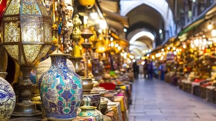 Fototapeta premium A vibrant market filled with colorful lamps and pottery, showcasing local craftsmanship.
