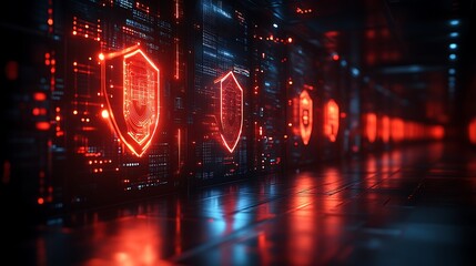 Futuristic cybersecurity server room with glowing shields.