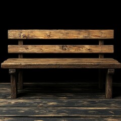 Fototapeta premium Rustic Wooden Bench on Dark Wooden Floor - Isolated on Black Background