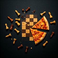 pizza and chess pieces scattered on dark background  top view still life  flat lay