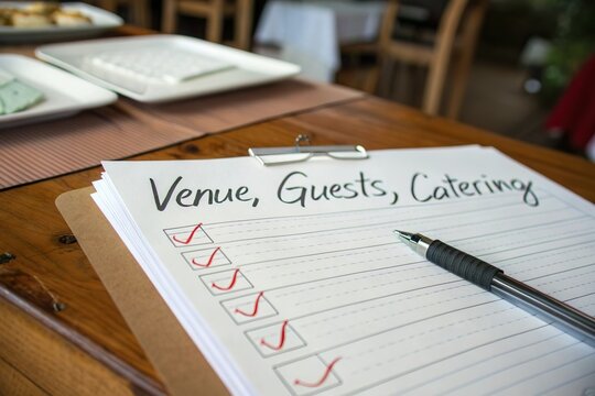 venue planning checklist with pen. Event organization and preparation