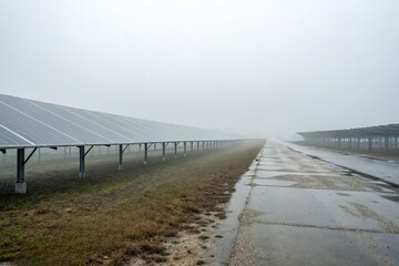 Solar panel in foggy weather. Renewable energy challenge