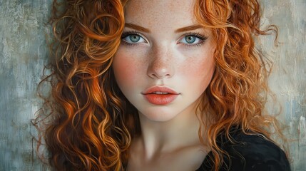 Fototapeta premium Close-up portrait of a freckled redhead with curly hair. Ideal for beauty, fashion, or feminine themed projects.