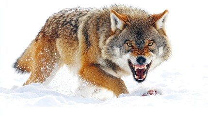 Fototapeta premium A fierce wolf snarling in the snow, showcasing its powerful presence in a winter landscape.