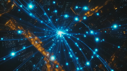 Smart Innovation city with connection cyber security network reciprocity over the sunset cityscape future wireless digital city and social media networking systems that connects people  in the city