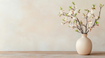 A minimalist vase holds delicate flowering branches against a soft, neutral background, creating a serene and elegant decor accent.