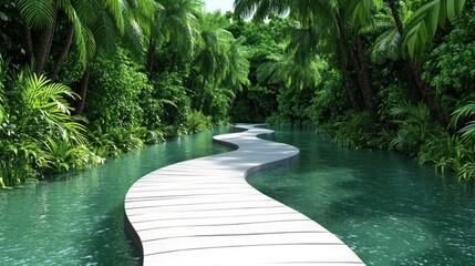Serene pathway winding through a lush tropical landscape.