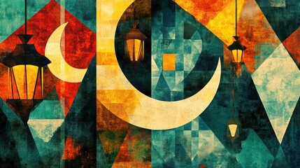 Abstract artwork featuring crescent moons and lanterns, evoking a cultural atmosphere.