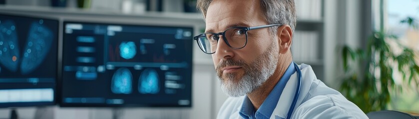 A focused healthcare professional in a lab coat examines medical imaging on screens in a modern clinical setting.
