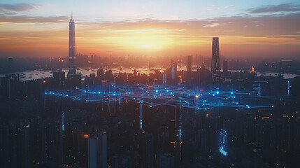Fototapeta premium Smart Innovation city with connection cyber security network reciprocity over the sunset cityscape future wireless digital city and social media networking systems that connects people in the city