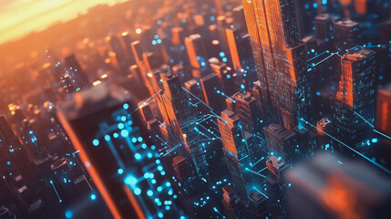 Obraz premium Smart Innovation city with connection cyber security network reciprocity over the sunset cityscape future wireless digital city and social media networking systems that connects people in the city