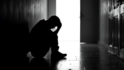 Silhouette of depressed man sitting head in hands on the walkway of residence building. Sad man, lonely and unhappy.Negative emotion and mental health concept. The impact of Economy crisis. dramatic.